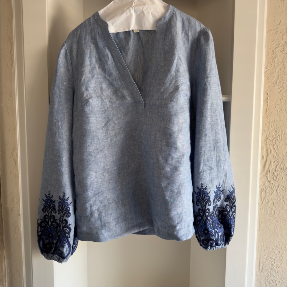 Biden Blue Linen Embroidered Women's Top